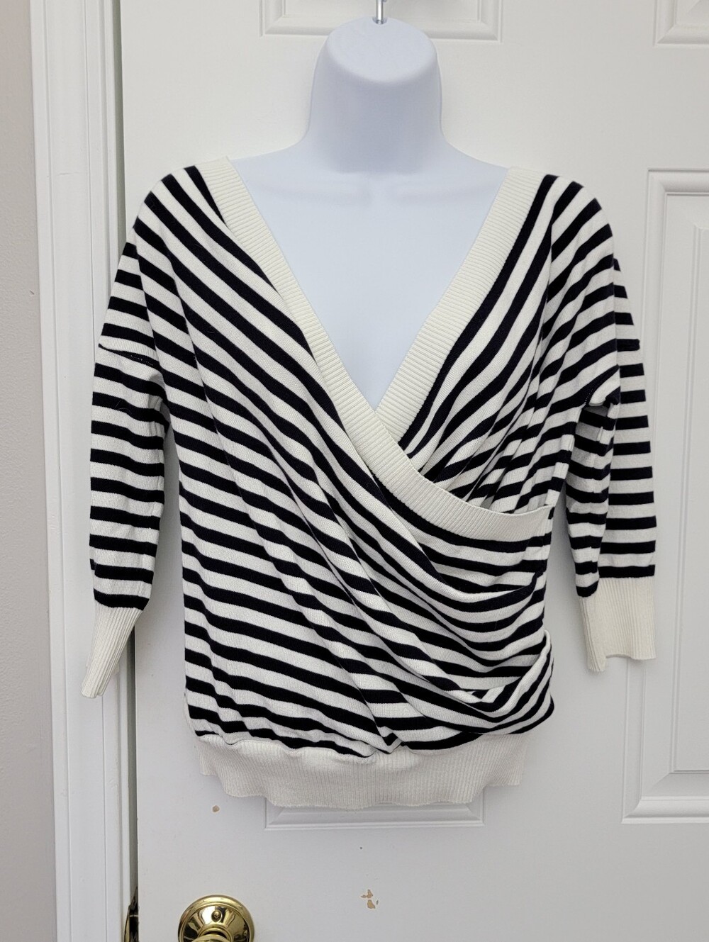 NWOT PAISIE Black White Striped Wrap Knit Sweater Lightweight 3/4 Sleeve Large